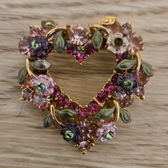 La Mode Collection Floral Heart Brooch Gold Plating Pin Pink Green Missing a Grm - Picture 1 of 4